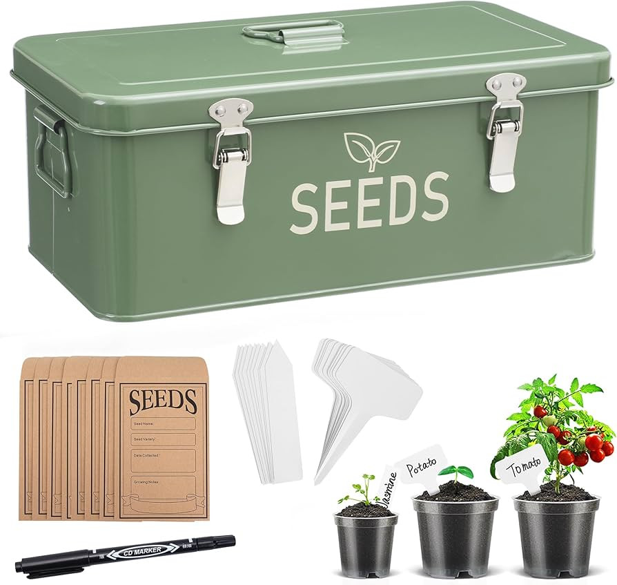 Metal Seed Storage Organizer, Seed Storage Box with Safety Locks, Compartments Box with 3 Clear P... | Amazon (US)