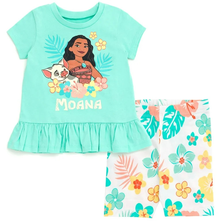 Disney Moana Floral Peplum T-Shirt and Bike Shorts Outfit Set Toddler to Big Kid | Walmart (US)