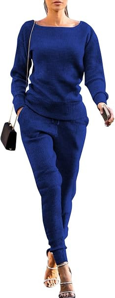 VNVNE Womens Fall Rib-Knit Pullover Sweater Top & Long Pants Set 2 Piece Outfits Tracksuit | Amazon (US)