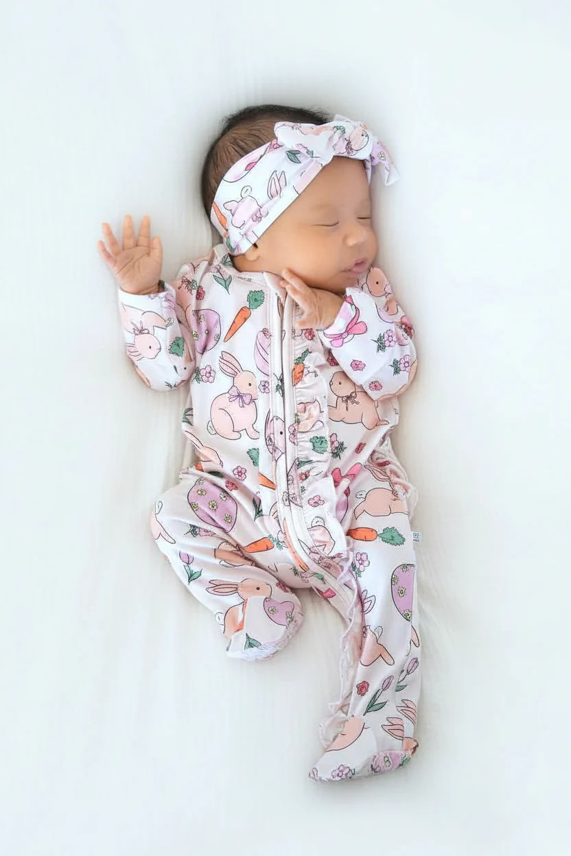 Hoppy Spring Ruffle Zipper Footie | Pink | Caden Lane