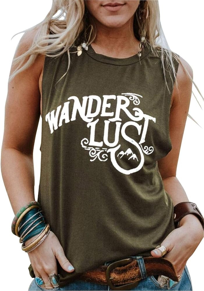 LANMERTREE Wanderlust O-Neck Tank Tops Women Letter Print Casual Sleeveless Vest T-Shirt | Amazon (US)