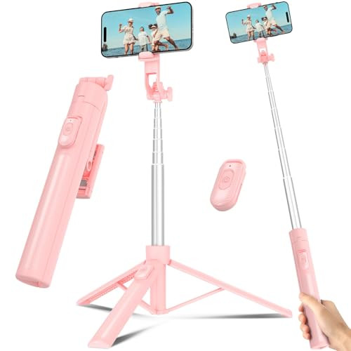 Selfie Stick Travel Tripod for Cell Phone with Remote Control and Phone Holder, Extendable Selfie Stick for iPhone, iPhone Tripod for Video Recording, 63 Inch, Pink | Amazon (US)