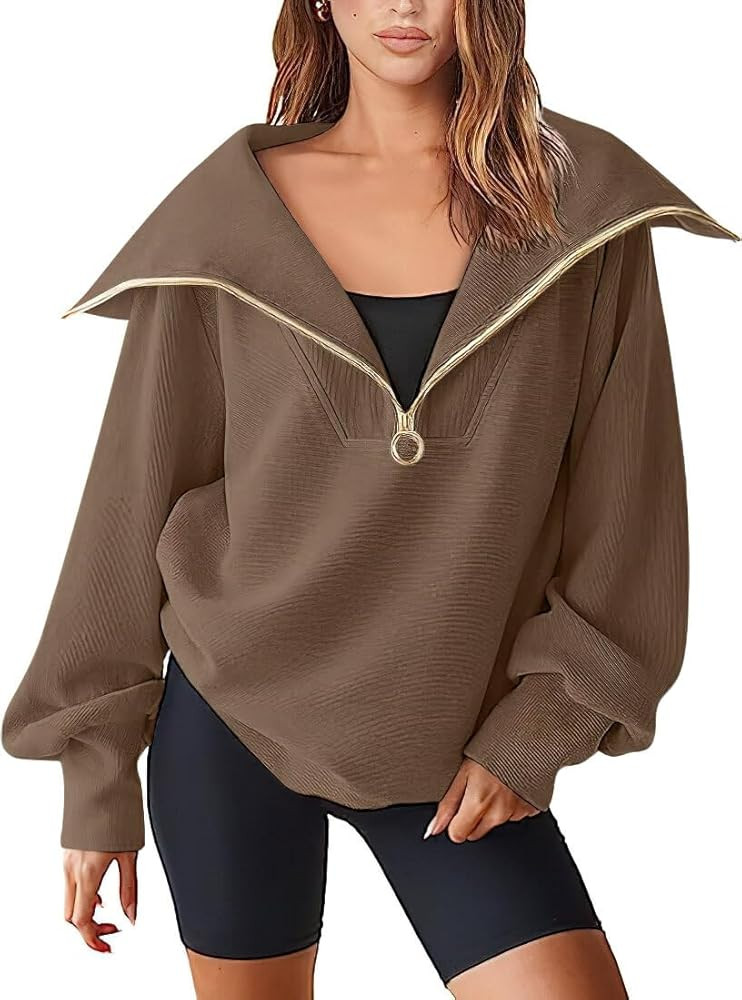 CHARTOU Women's Fall Casual 1/4 Zip Collared Lantern Sleeve Sweatshirt Pullover Tops | Amazon (US)