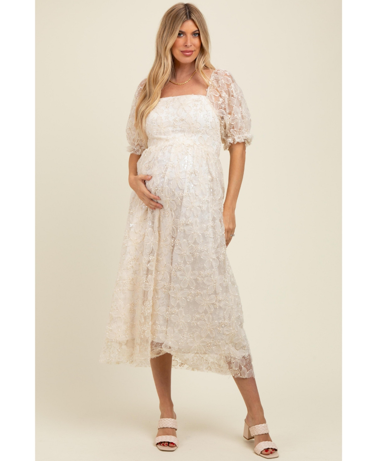 Pinkblush Women's Cream Floral Mesh Overlay Tie Back Maternity Midi Dress - Cream | Macy's