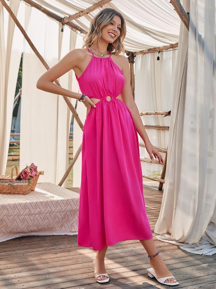 O-ring Front Tie Back Halter Dress | SHEIN