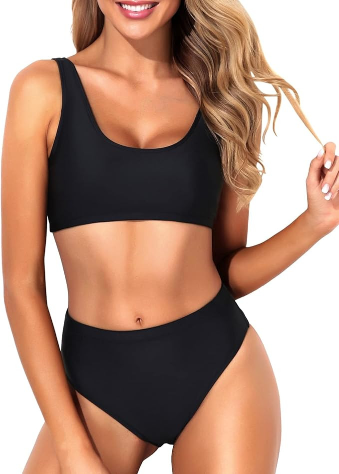Tempt Me Women Two Piece Scoop Neck Bikini Crop Top Swimsuit Sporty High Waisted Bathing Suit | Amazon (US)