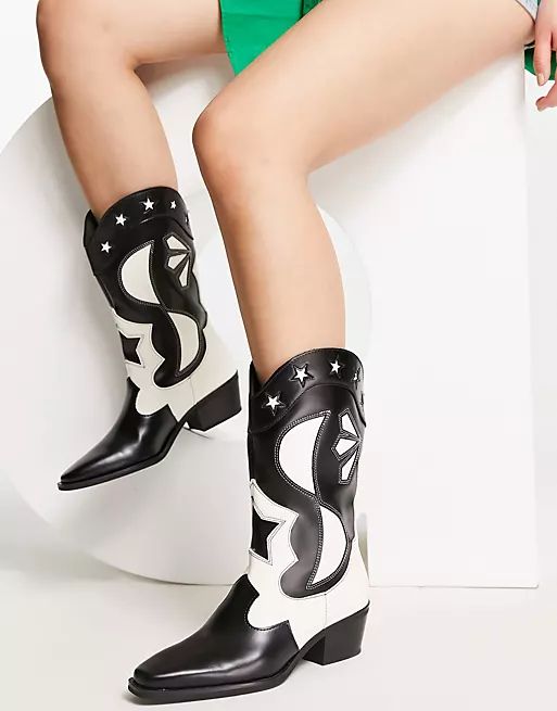 Pull&Bear printed stitch detail Western boots in black | ASOS (Global)