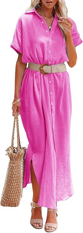 Paintcolors Women's Short Sleeve Cotton Button Down Shirt Dresses Side Split Solid Color Oversize... | Amazon (US)