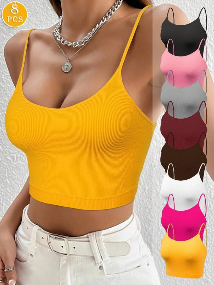 8pcs Seamless Stretchy Active Camis & Sports Bras, Breathable Multicolor Women Undergarments | SHEIN