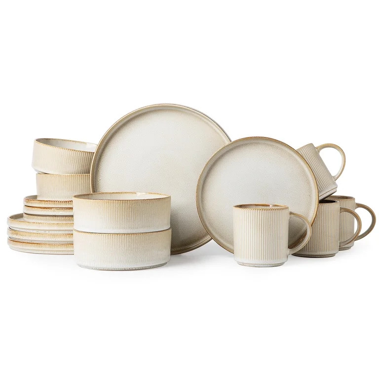 ALOFMO 16-Piece Ribbed Stoneware Dinnerware Set, Service for 4 - Beige Reactive Glaze, Modern Rus... | Walmart (US)
