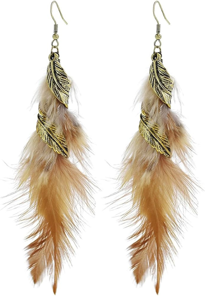 Bohemian Handmade Natural Long Feather Dangle Earrings for Women Multicolor Tassel Feathers Dangl... | Amazon (US)