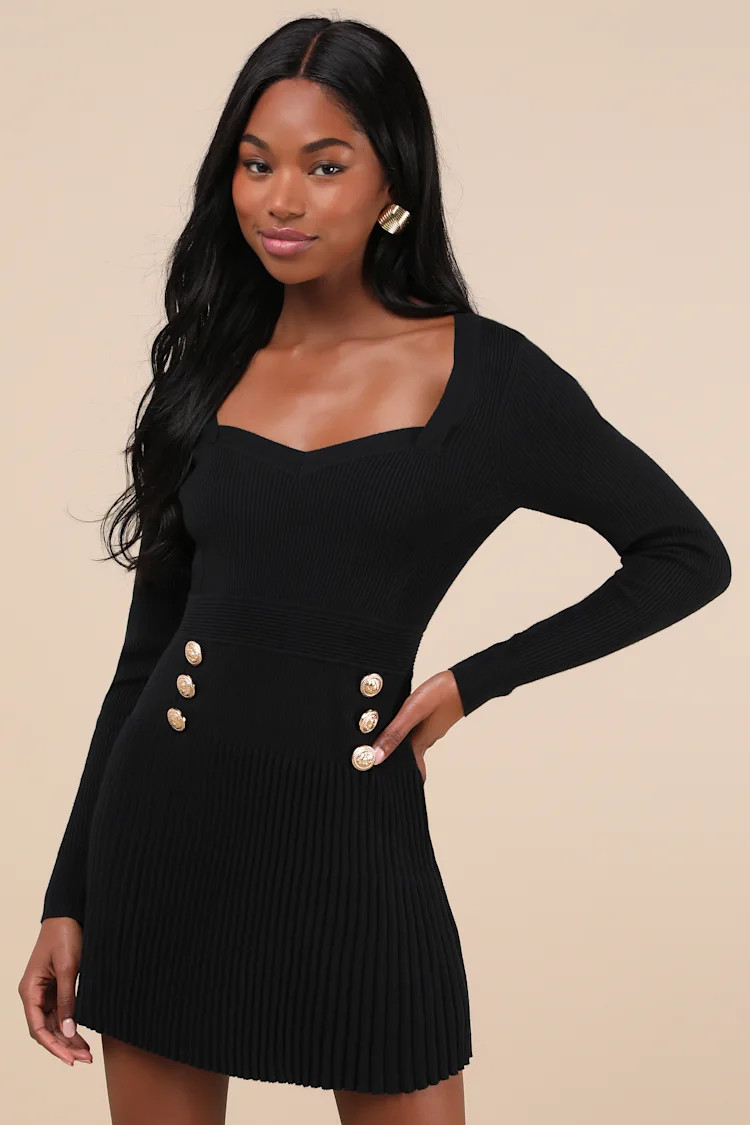 Chicest Crush Black Ribbed Long Sleeve Mini Sweater Dress | Lulus
