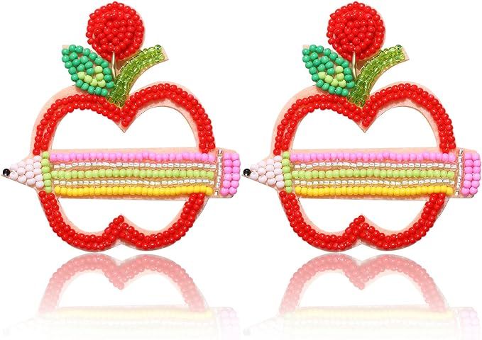 Boderier Teacher Earrings Apple Beaded Earrings for Women Statement Back to School Pencil Earring... | Amazon (US)