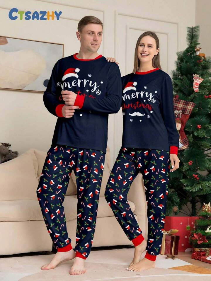 2pcs Women Christmas New Bestseller Pajama Set, Santa Hat & Letter Print Pants, Casual Sleepwear ... | SHEIN