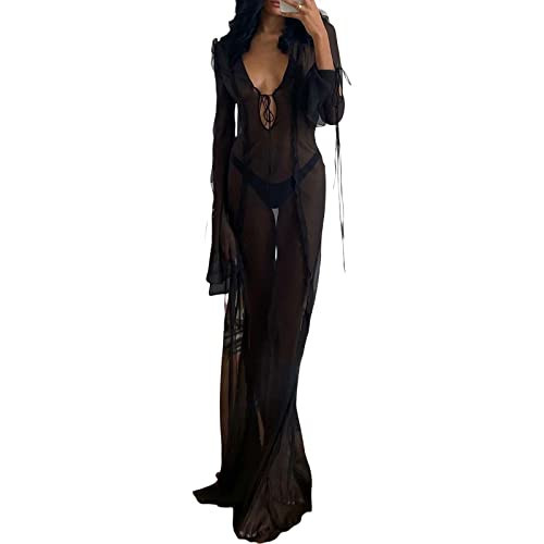 Women Y2k Crochet Maxi Cover Up Dress Long Sleeve Knitted Hollow Out Maxi Dress Sexy See Through Beach Maxi Dress (Sheer Mesh-Black, L) | Amazon (US)