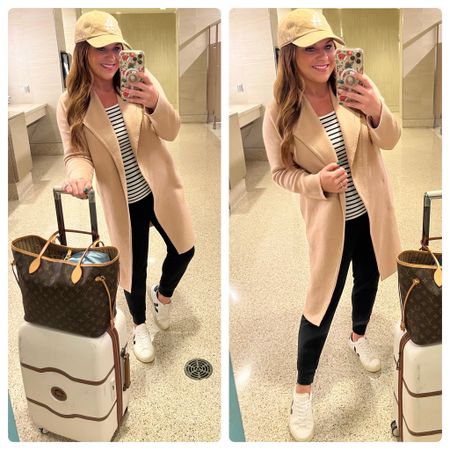 Travel outfit. Travel OOTD. Airport outfit.  Cardigan. Tan coat. Tan jacket. Neutral outfit. Delsey. Neverfull. Luggage. Travel look. Travel fit. Amazon outfit. Amazon OOTD. Coatigan. Baseball hat. Comfy chic. 

#LTKstyletip #LTKtravel #LTKmidsize