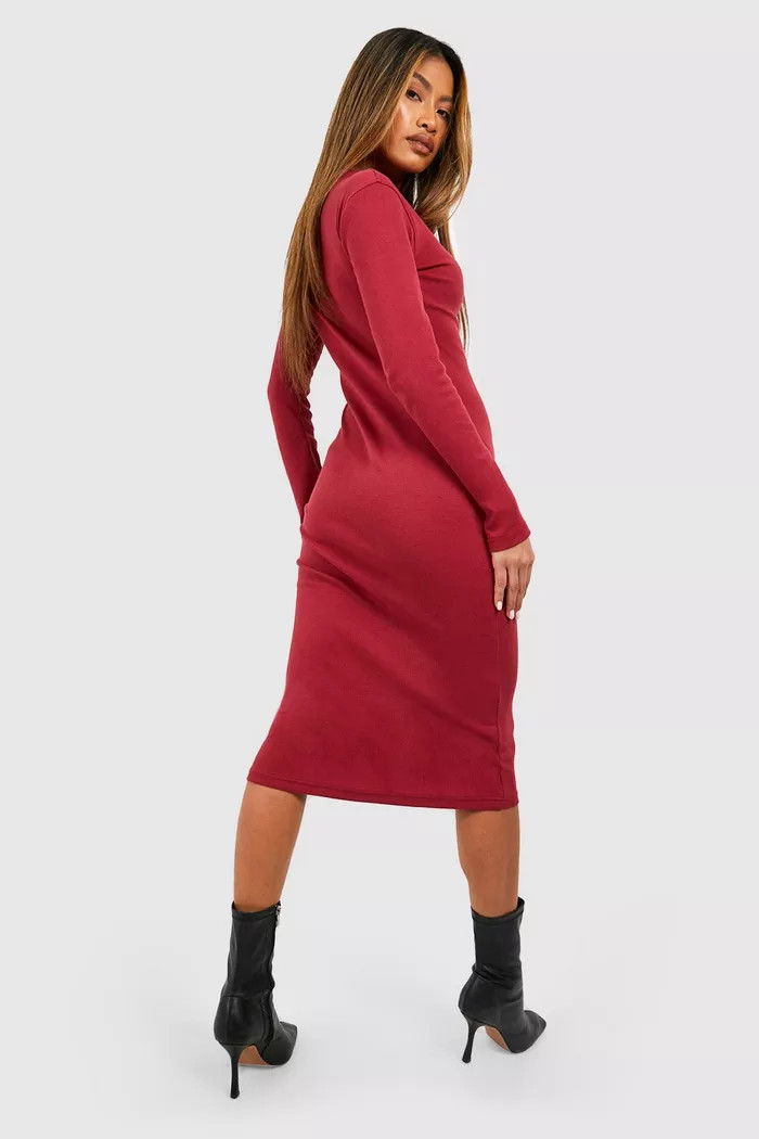 Funnel Neck Rib Long Sleeve Midi Dress | Boohoo.com (UK & IE)