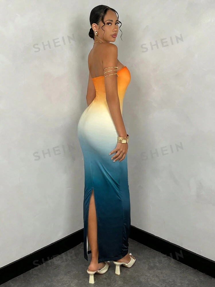 SHEIN BAE Summer Maxi Gradient Printed Strapless Bodycon Dress, Perfect For Music Festival And Da... | SHEIN
