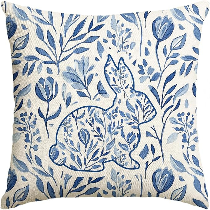 AVOIN colorlife Easter Bunny Blue and White Throw Pillow Cover, 18 x 18 Inch Eucalyptus Leaves Fl... | Amazon (US)