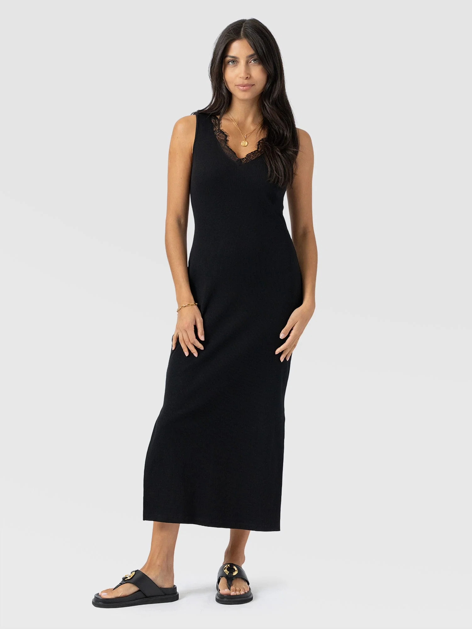Andie Sleeveless V Neck Dress - Black Lace | Saint + Sofia UK