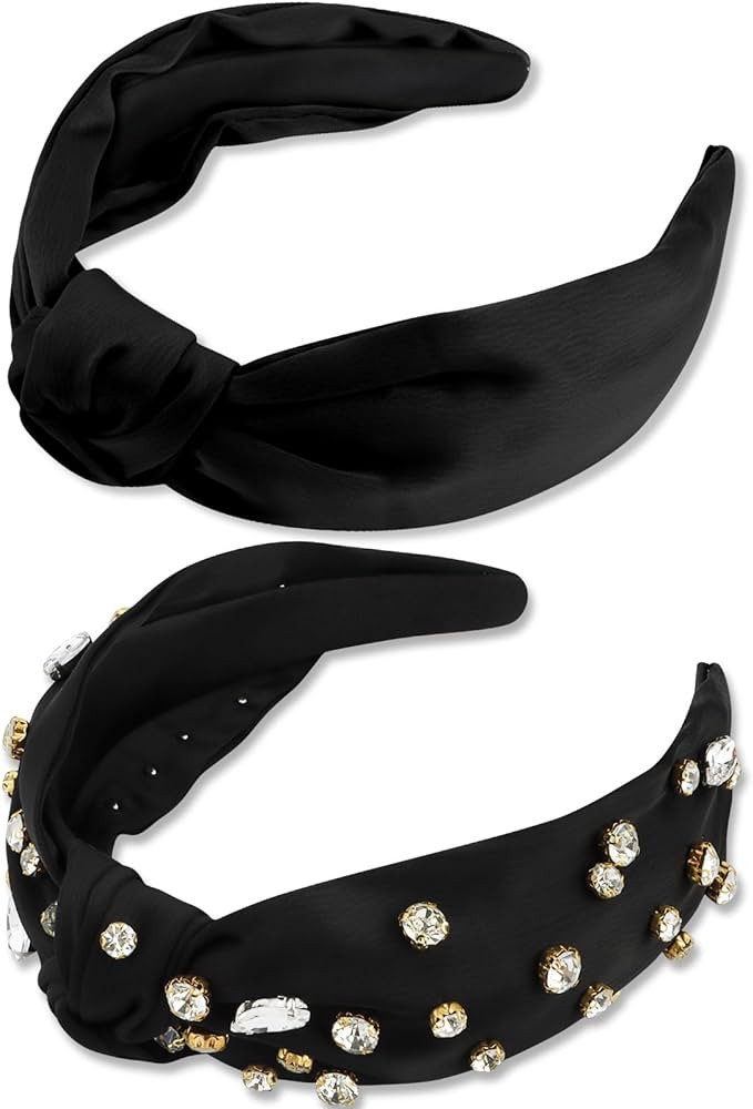 VELSCRUN 2PCS Black Knotted Headbands for Women Girls Silk Satin Wide Headband Rhinestone Head Ba... | Amazon (US)