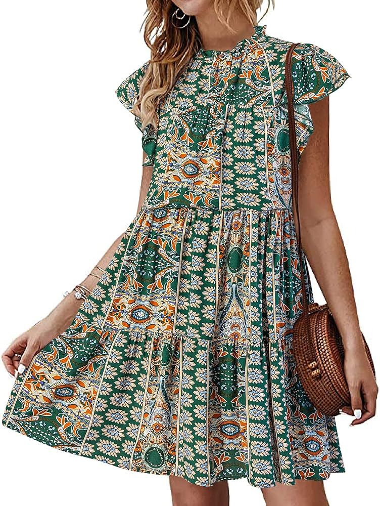 KIRUNDO 2024 Women's Sleeveless Ruffle Sleeve Crew Neck Floral Print Mini Dress Casual Loose Flow... | Amazon (US)