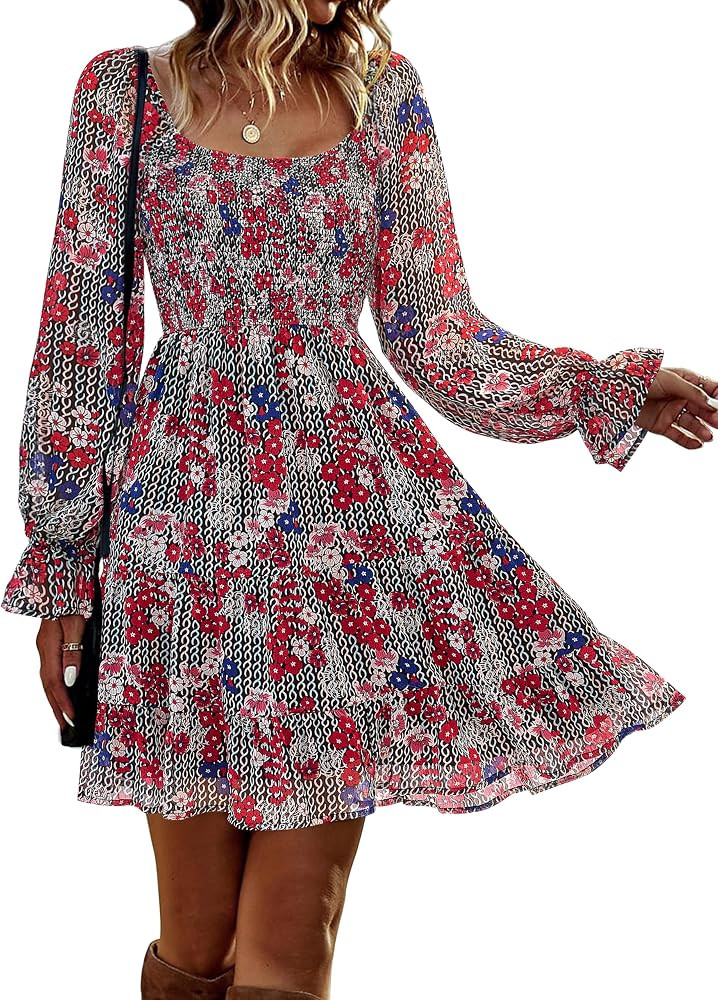 BTFBM Womens Long Sleeve Dress Vacation Square Neck Smocked Floral Swiss Dot Mini Boho Fall Weddi... | Amazon (US)