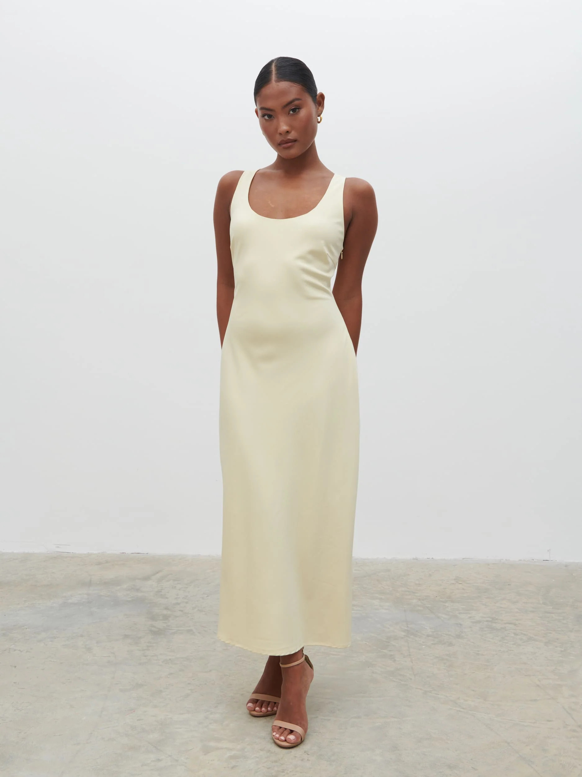 Evelyn Satin Slip Midaxi Dress - Butter Lemon | Pretty Lavish (UK)