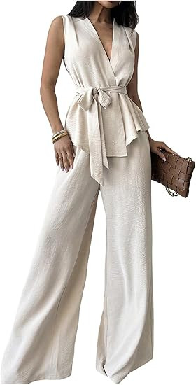Verdusa Women's 2 Piece Old Money Clothes Tie Waist Wrap Vest with Dress Pants Clothing Sets | Amazon (US)