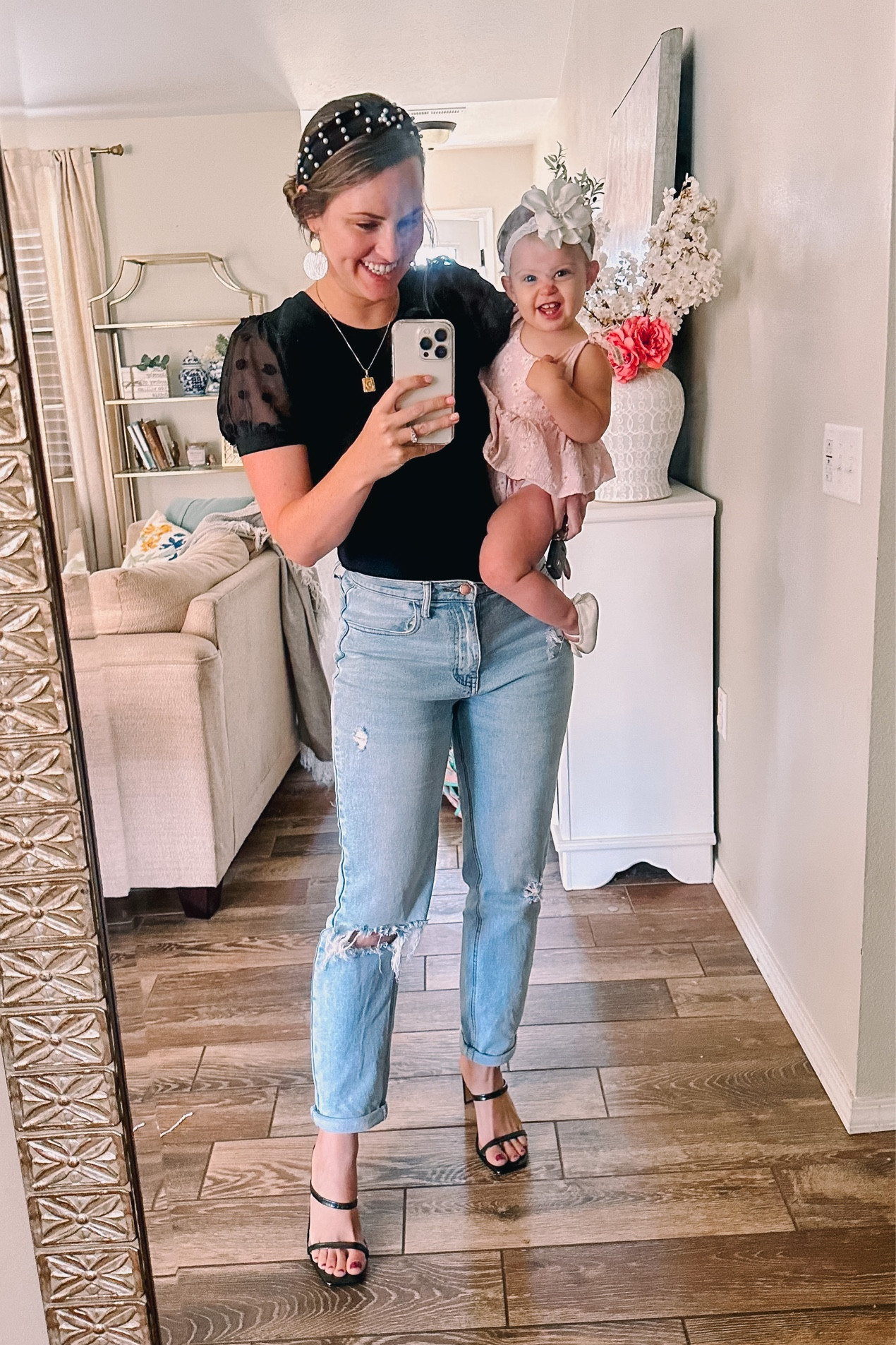 Amazon fall outfit! Black bodysuit comes in short & long sleeve- love the mesh puff sleeves with Swiss dot!! 
Wearing high waisted mom jeans (linked a few similar pairs that are on sale below) and the viral amazon heels! I have them in black and tan! Love how they pair well with so many outfits. Dottie’s baby outfit is from amazon. 

#LTKsalealert #LTKSale #LTKunder50