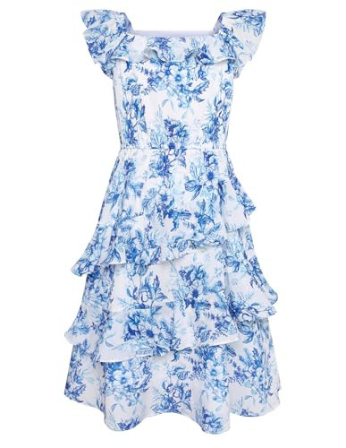 GRACE KARIN Floral Dress for Girls Spring A-line Dress Cute Flowy Sundress Ruffle Sleeves and Double Ruffled Hem 14 Years Blue Flower | Amazon (US)