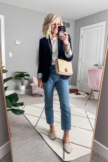 A navy blazer is always a classic spring layering piece for me. 
T-shirt- from Target last year, linked similar 
Jeans- 26/short
Shoes- 7.5 (exact color not available) 
Blazer- xs
Purse- thrifted, brand is Kate Spade, linked similar 

#LTKstyletip #LTKsalealert #LTKSeasonal