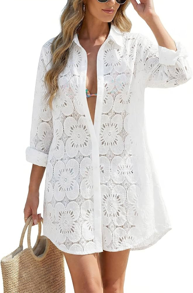 VIMPUNEC Women Eyelet Swimsuit Cover Ups Button Down Beach Shirt Dress Long Sleeve Bathing Suit C... | Amazon (CA)