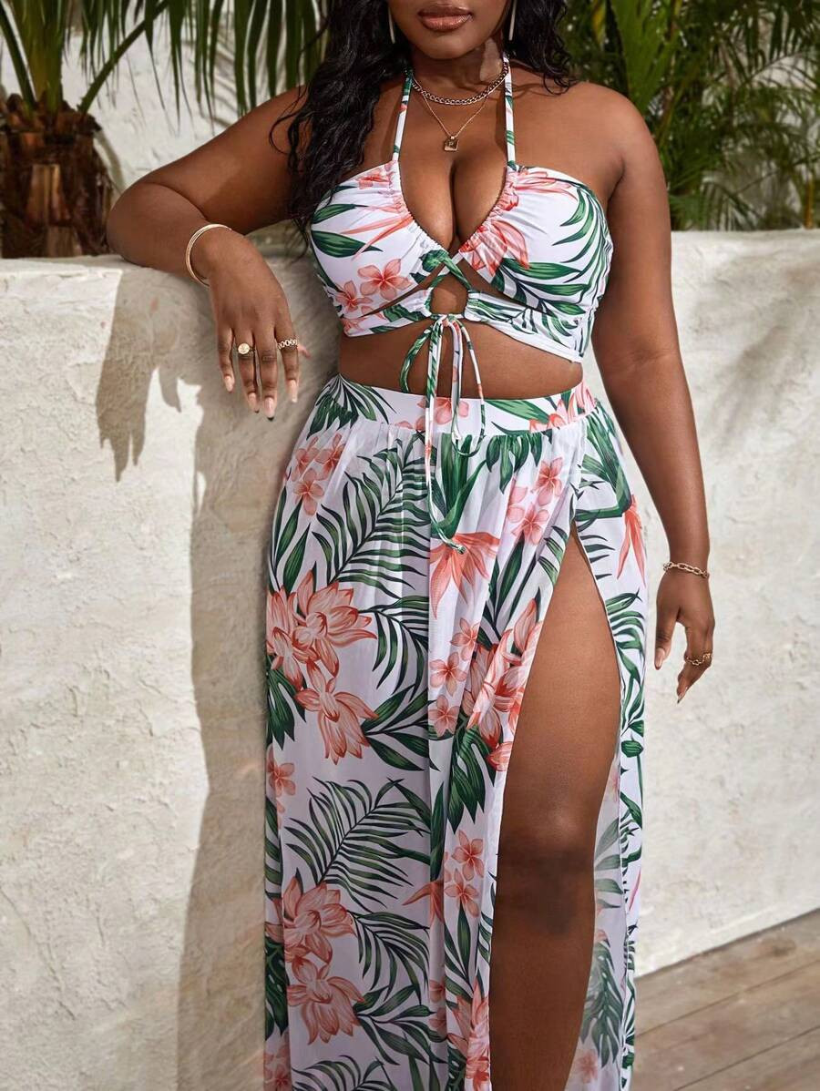 SHEIN Slayr Summer Beach Plus Size Tropical Print Halter Bikini Set With Beach Skirt | SHEIN