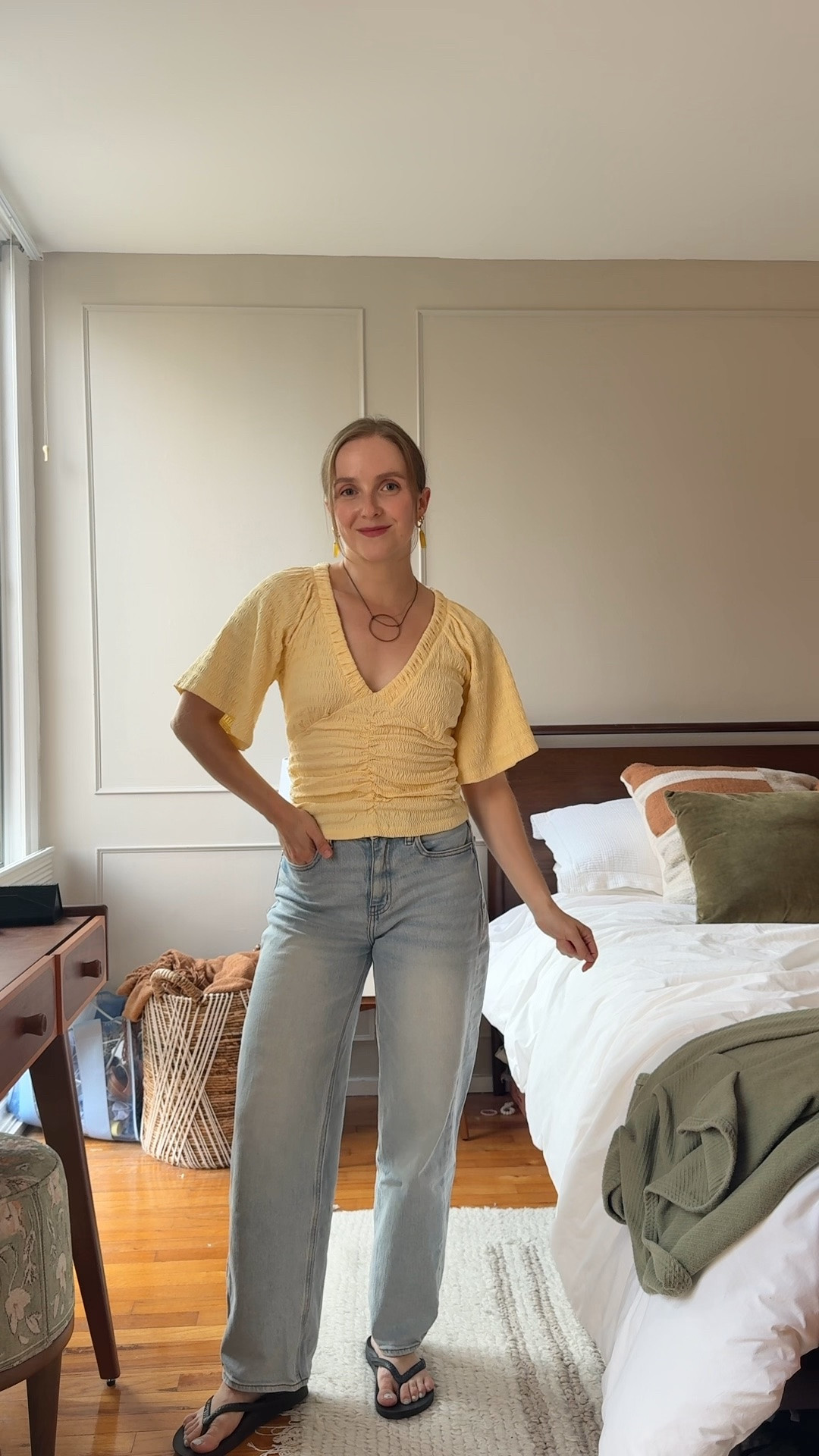 $12 ruched butter yellow too + free shipping xs petite 
25 regular inseam barrel jeans (very minimal bowing)

#LTKPetite #LTKSaleAlert #LTKootd