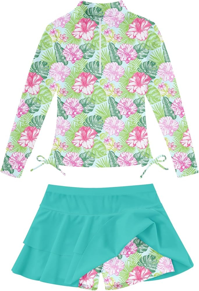 Vogseek 3-12T Girls Rash Guard 2 Pieces Bathing Suit Long Sleeve Swimsuit Swimming Skirt with Sho... | Amazon (US)