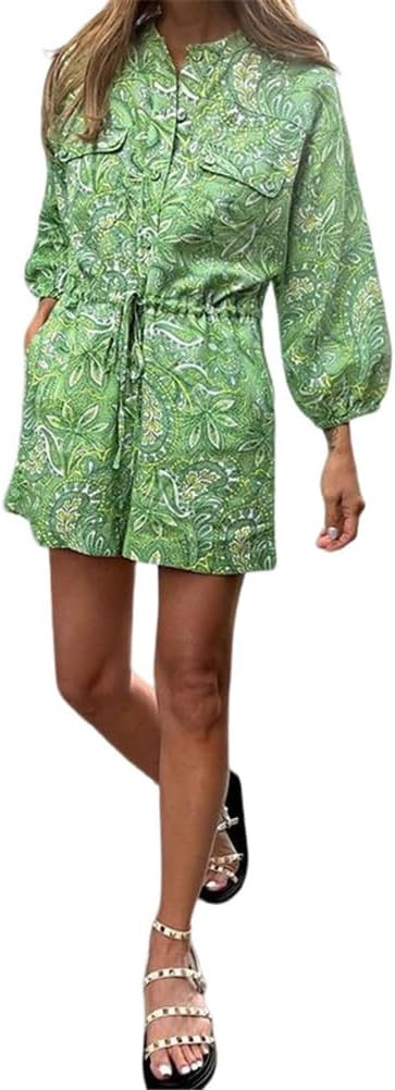 Recious Womens Sexy Long Sleeve Floral Print Button Elastic Waist Short Jumpsuit Loose Casual Bod... | Amazon (US)