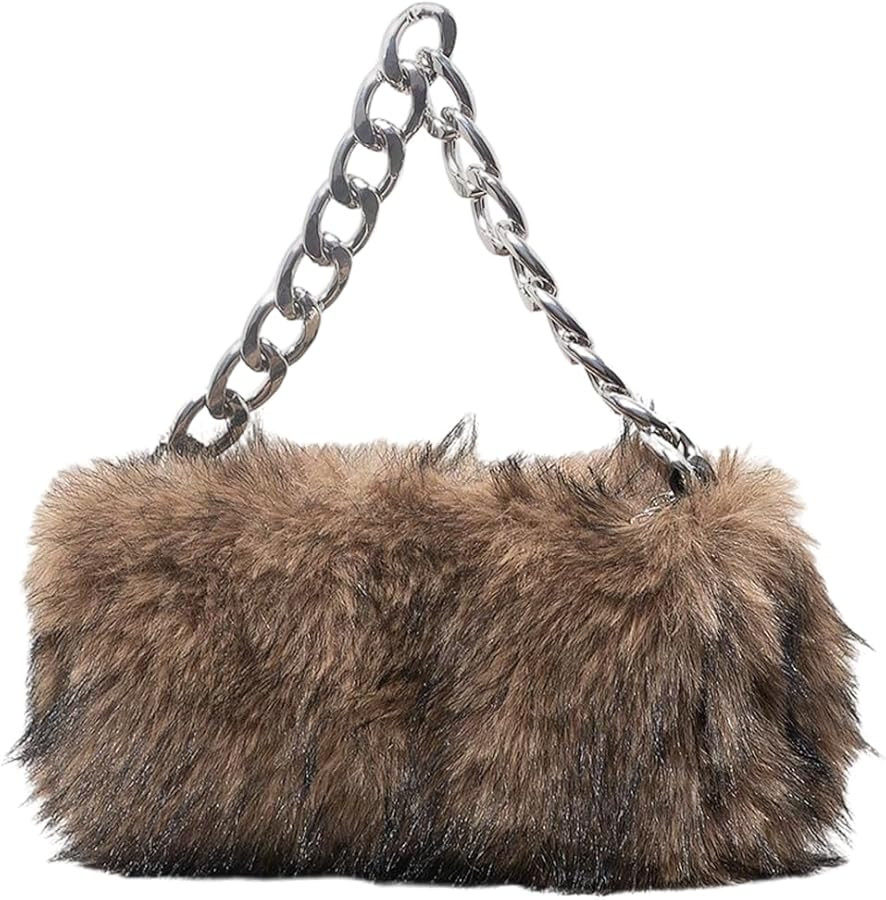 Verdusa Women's Y2K Faux Fur Fuzzy Shoulder Bags Zipper Metal Chain Strap Small Handbag | Amazon (US)