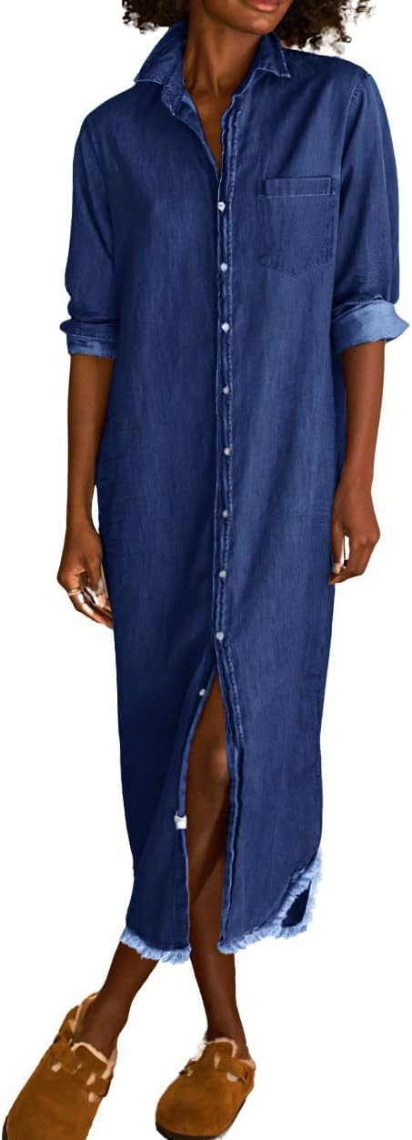 chouyatou Women's Spring Long Sleeve Button Down Denim Shirt Dress Lapel Distressed Midi Long Jea... | Amazon (US)