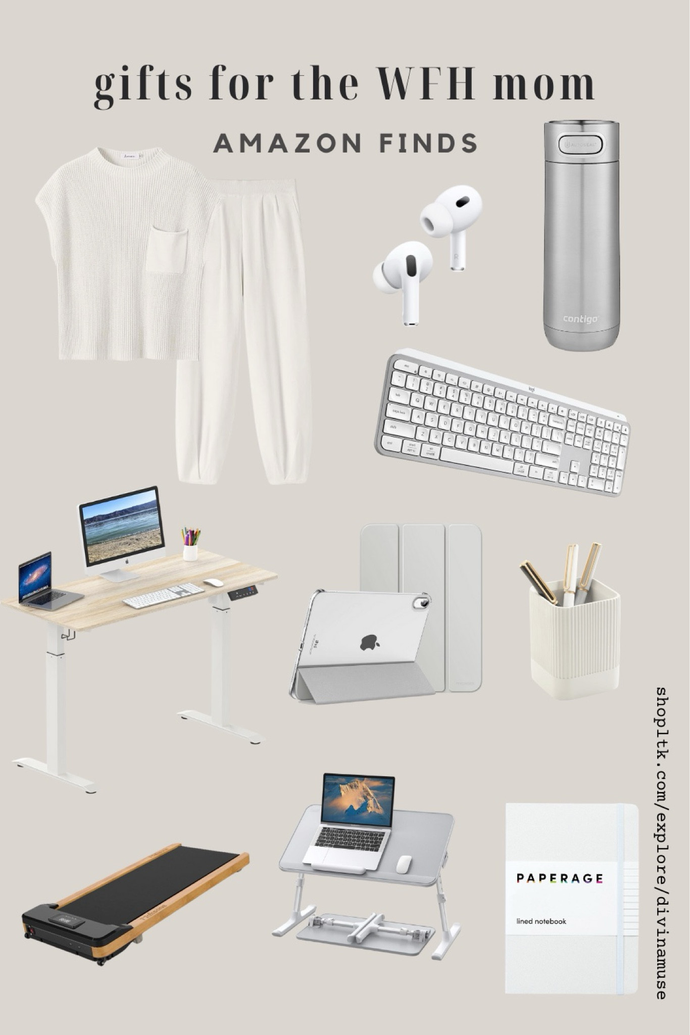 Gifts for the work from home mom 💻
Comfortable lounge set, AirPods, a silver Tumblr for coffee or water, stand up desk (a personal life changing home office essential!), a really good keyboard (my favourite is this one, Logitech is amazing), iPad/iPad case to carry from the desk to bed to kitchen table, a cute pen holder, a walking treadmill to put under the standing desk, a good notebook and a handy, practical and adjustable bed table for some late nights! 
- 
Amazon finds, mothers day gifts, gifts for her, gift ideas for mom, office essentials, work from home staples, home office finds, amazon office, home office decor, home decor, tables, desks 

#LTKworkwear #LTKhome #LTKGiftGuide