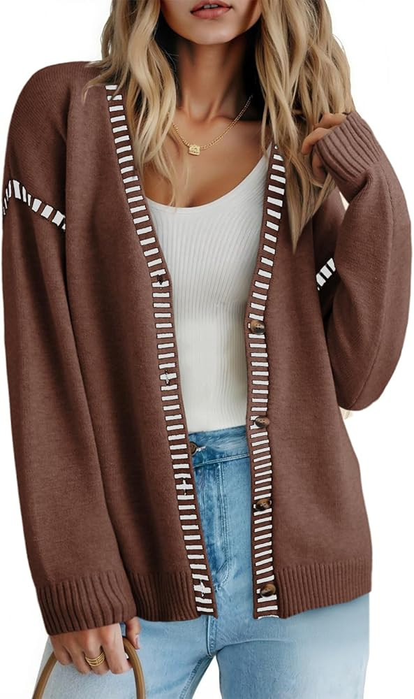 Dokotoo Womens Oversized Cardigan Sweaters Casual Coats Long Sleeve Button Front Stripes Trim Fal... | Amazon (US)