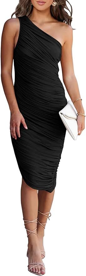 PRETTYGARDEN Women's Ruched Bodycon Dress 2024 Summer One Shoulder Sleeveless Party Cocktail Penc... | Amazon (US)