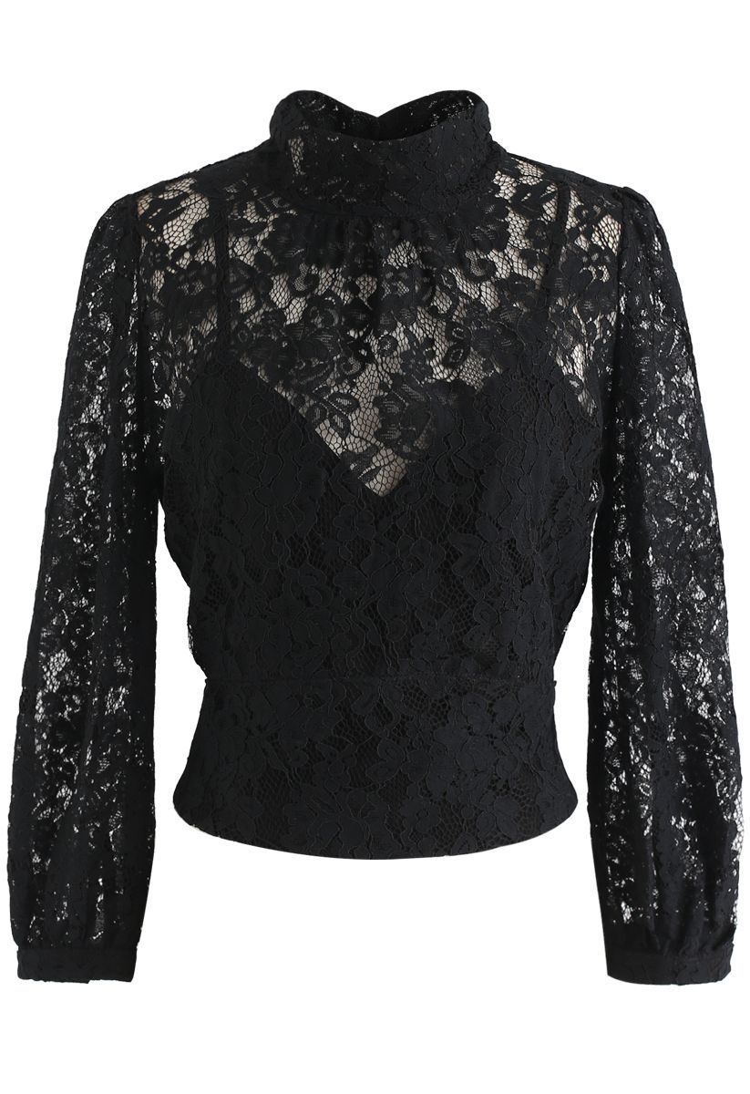 Floral Lace Open Back Crop Top in Black | Chicwish