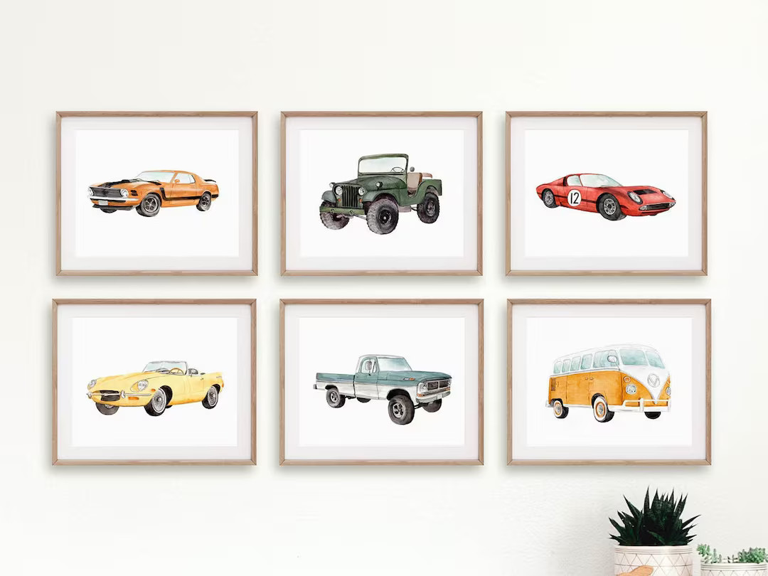 Classic Car Prints, Car wall decor, Car nursery theme, watercolor vehicles, watercolor cars, race... | Etsy (US)