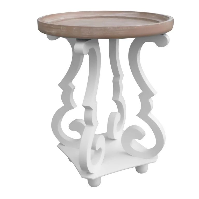 Parisloft Rustic Farmhouse Wood Round End Table with Tray Top and Curved Legs, Brown and White Si... | Walmart (US)