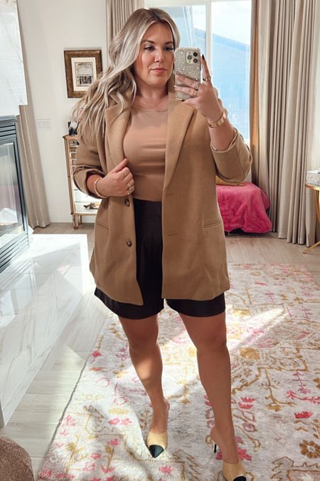 curvy fall outfit! wearing size xl in tan tank top and size xl in chocolate brown faux leather shorts. could have taken the large in them! wearing size xl in tan wool coat blazer, but it runs big and i need the large! 

#LTKSeasonal #LTKunder100 #LTKcurves