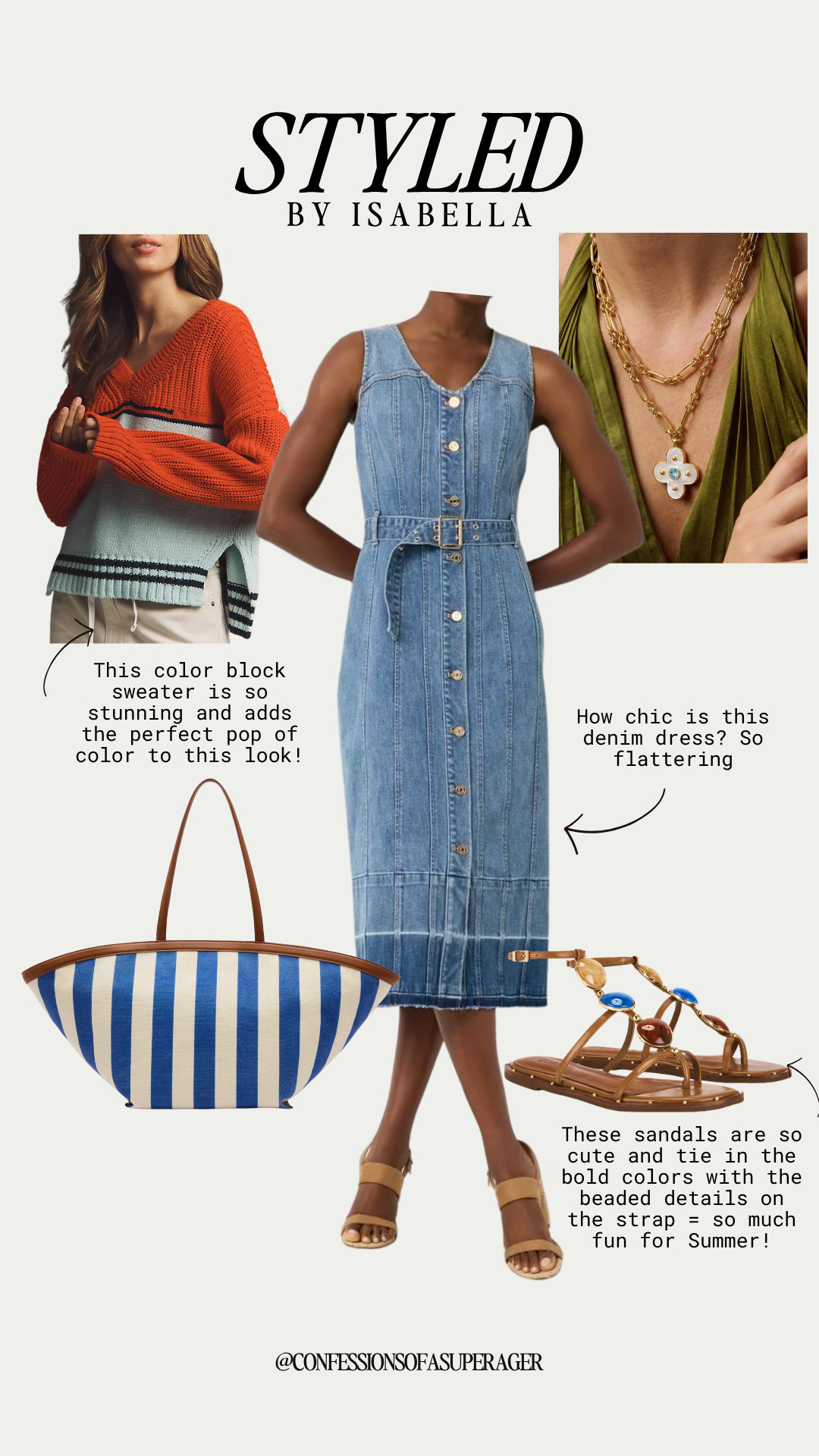 Get ready for effortless summer styling with the ultimate wardrobe staple: a flattering button-down denim midi dress! This belted jean dress creates a beautiful silhouette on its own, but it looks incredibly chic layered with a bold color-block knit sweater for those cooler beach days or casual evenings. To lean into the vibrant summer vibes, I paired it with a trendy blue-and-white striped canvas tote bag and fun, beaded flat sandals that tie all the bright accent colors together. Finished with a layered gold clover pendant necklace, this outfit is the perfect mix of casual comfort and polished style for your next vacation, weekend brunch, or everyday street style look.

#LTKSeasonal #LTKOver40 #LTKSaleAlert