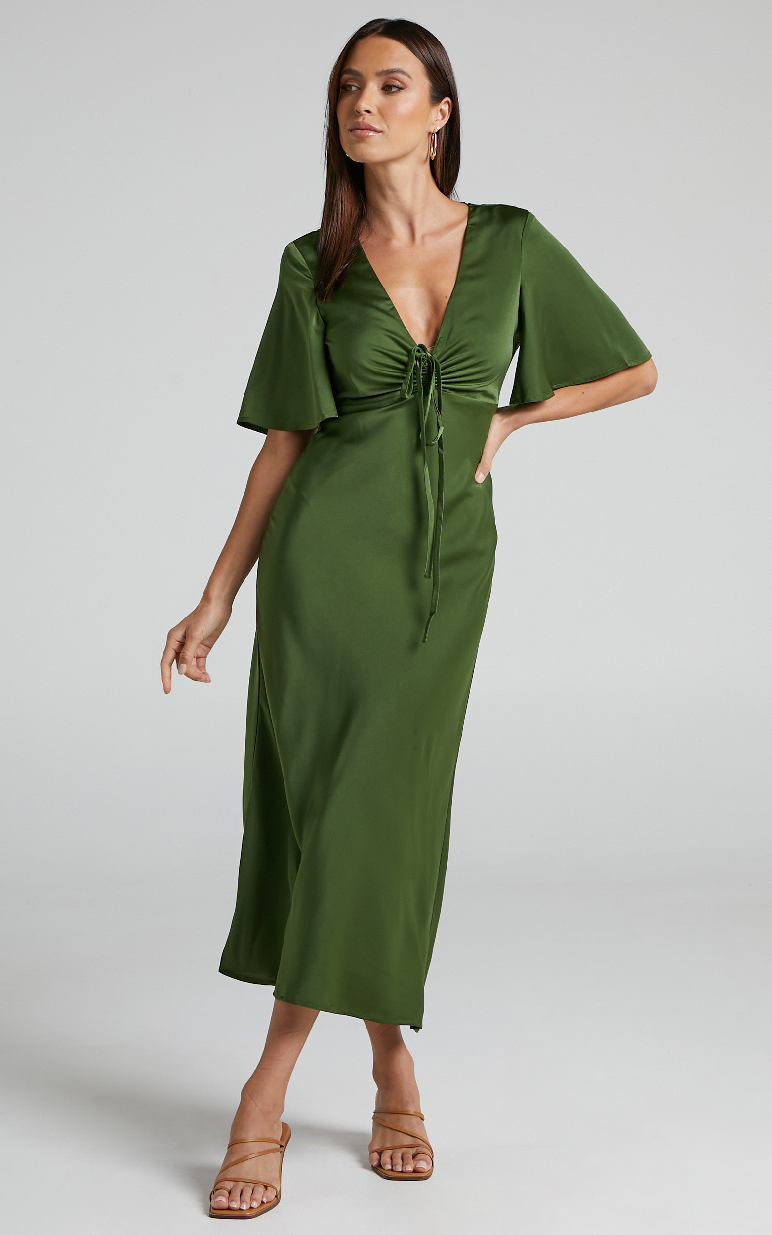 Nicholla Midi Dress - Ruched Front Angel Sleeve Slip Dress in Olive | Showpo (US, UK & Europe)
