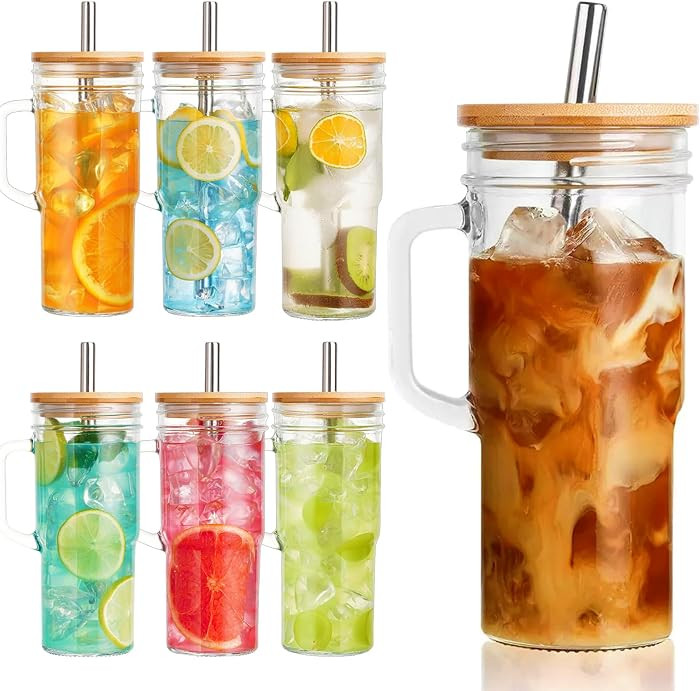 6 Pack Glass Tumbler Cups with Handle, 24oz Bubble Tea Cup with Bamboo Lid& Wide Straws,Reusable ... | Amazon (US)