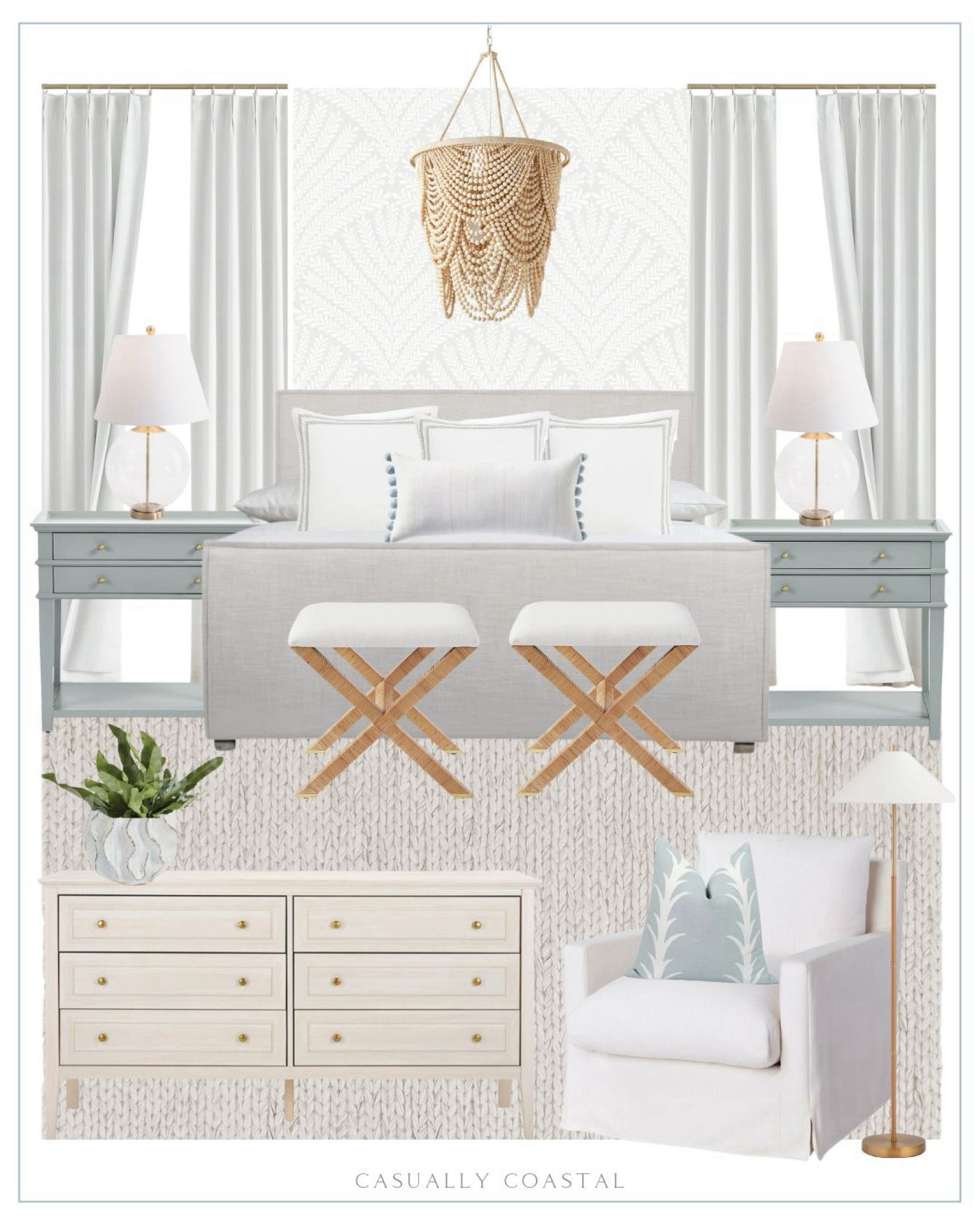 Primary Bedroom inspiration!
——— 
Coastal bedroom ideas, coastal home decor, primary bedroom inspo, coastal bedroom furniture, beach home style, beach house decor, beach bedroom, neutral bedroom ideas, blue and white decor, coastal interiors, master bedroom decor, master bedroom ideas, home inspo, neutral home, upholstered bed, Wayfair beds, high low style, faux plants, neutral area rug, coastal rugs, Amazon rugs, neutral rugs, woven rugs, beach house rugs, coastal dresser, bedside table, ballard designs nightstands, blue nightstands, 2 drawer nightstand, designer look for less, bed pillows, bed pillow styling, bedroom decor, beaded chandelier, coastal chandelier, statement chandelier, coastal table lamp, glass table lamp, 6 drawer dresser, neutral dresser, x-vase stool, rattan stool, bedroom bench, chunky knit handwoven rug, coastal sham, Serena & lily pillows, accent pillows, coastal accent pillows, floral wallpaper, coastal wallpaper, coastal nightstand, swivel chair, feather filled swivel chair, neutral accent chair, white upholstered chair, brass and rattan floor lamp, coastal floor lamp, linen curtains, Amazon curtains, coastal planter, Amazon drapes

#LTKFindsUnder50 #LTKFindsUnder100 #LTKHome